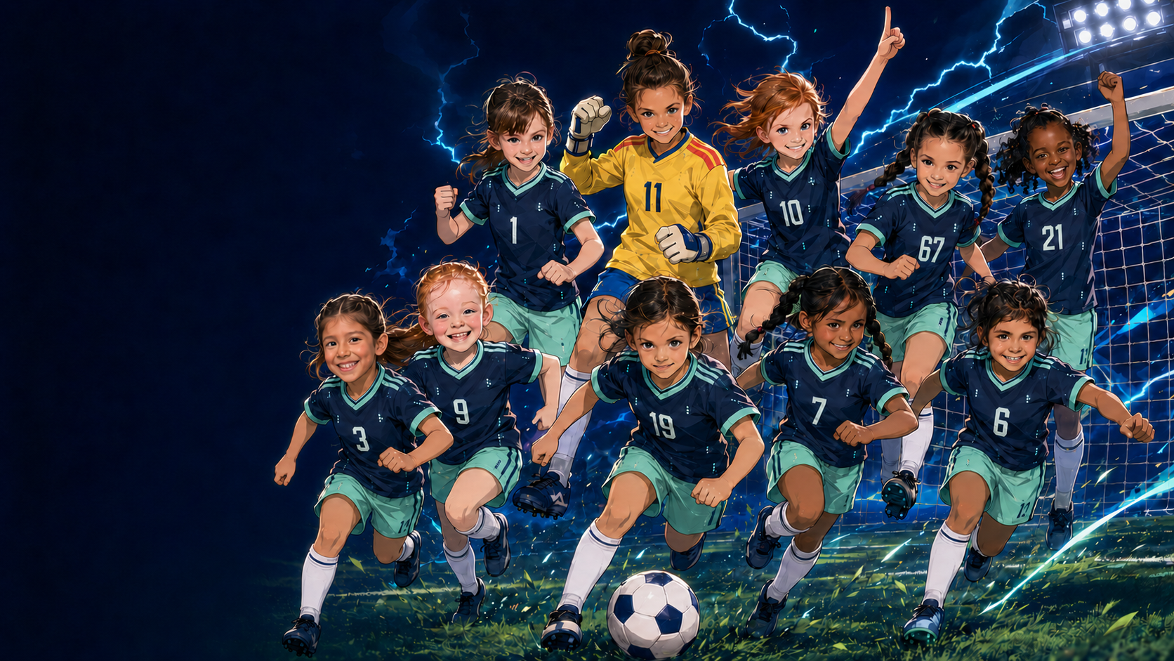 Anime-style illustration of the Thunder Kittens soccer team